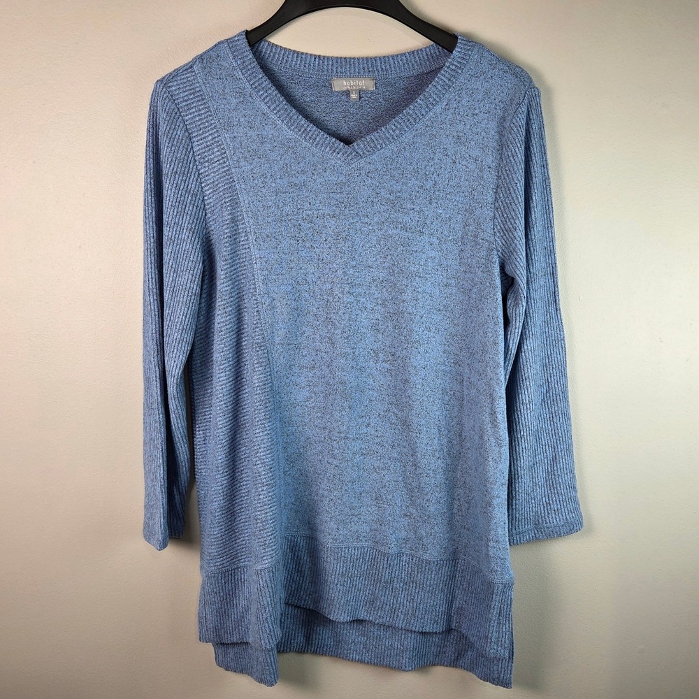 Habitat V-Neck Sweater Women Small Blue Excellent Ribbed Panel Knit 35827